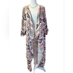 LuLaRoe Aztec Patterned Shirley Kimono in Cream, Peach, and Gray.